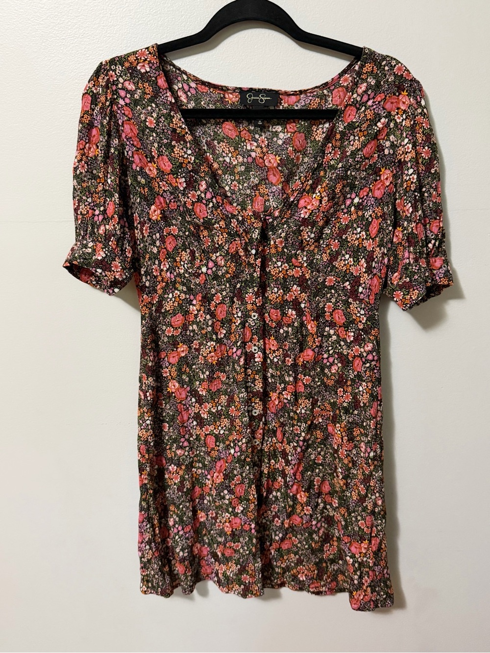 Jessica Simpson Small Floral Mini Dress Tie Front Keyhole Puff Sleeve Boho
